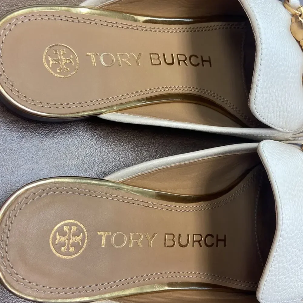 New Tory Burch Jessa Leather Mule Loafer in New Cream w/Gold Horsebit Size 5